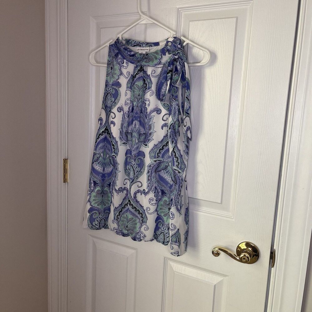 Liz Claiborne Blue Paisley Sleeveless Blouse High Neck Tie - Size Medium - Picture 7 of 9